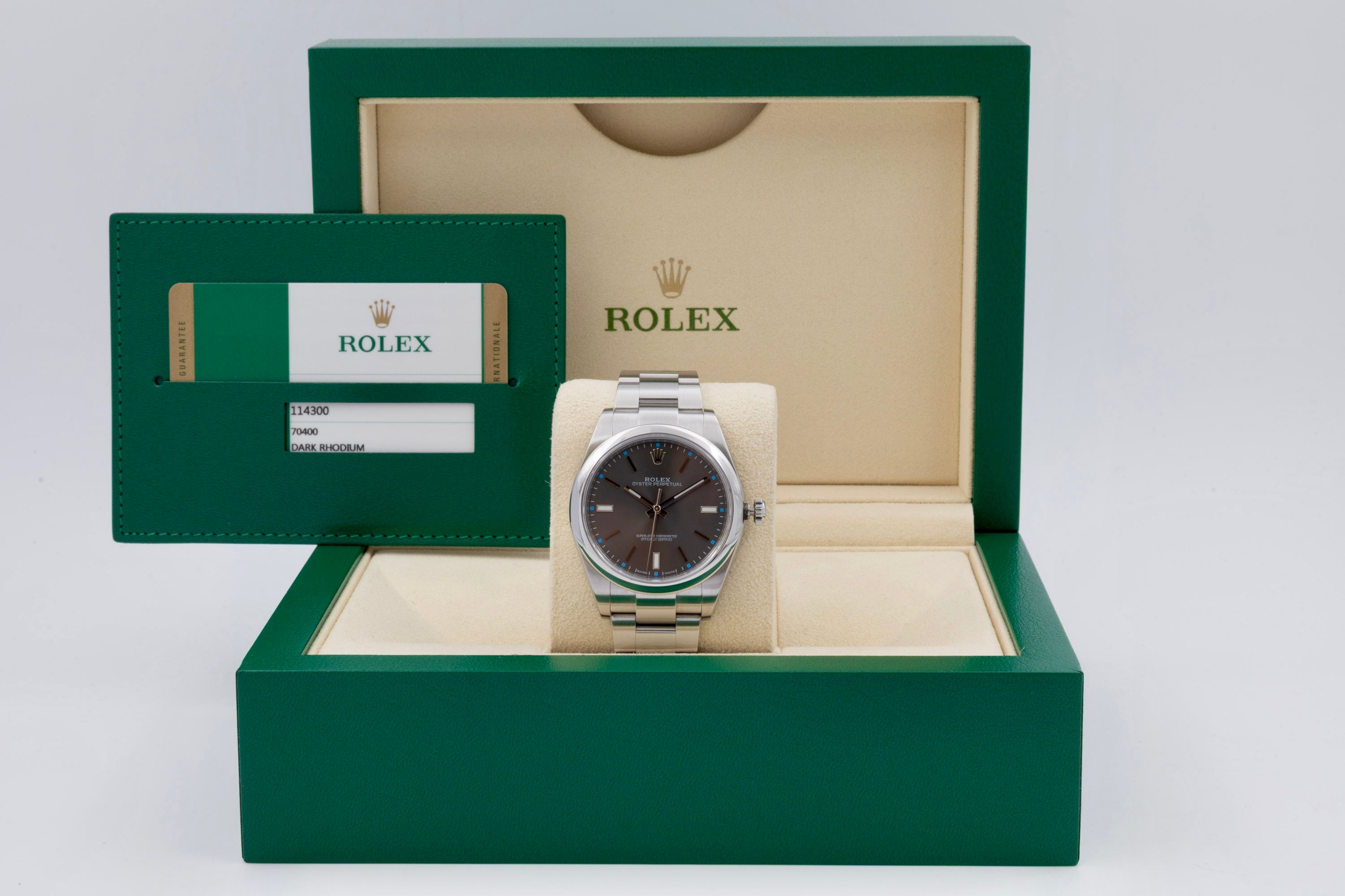 Rolex Oyster Perpetual 114300 quadrante Dark Rhodium del 2016 + service Rolex