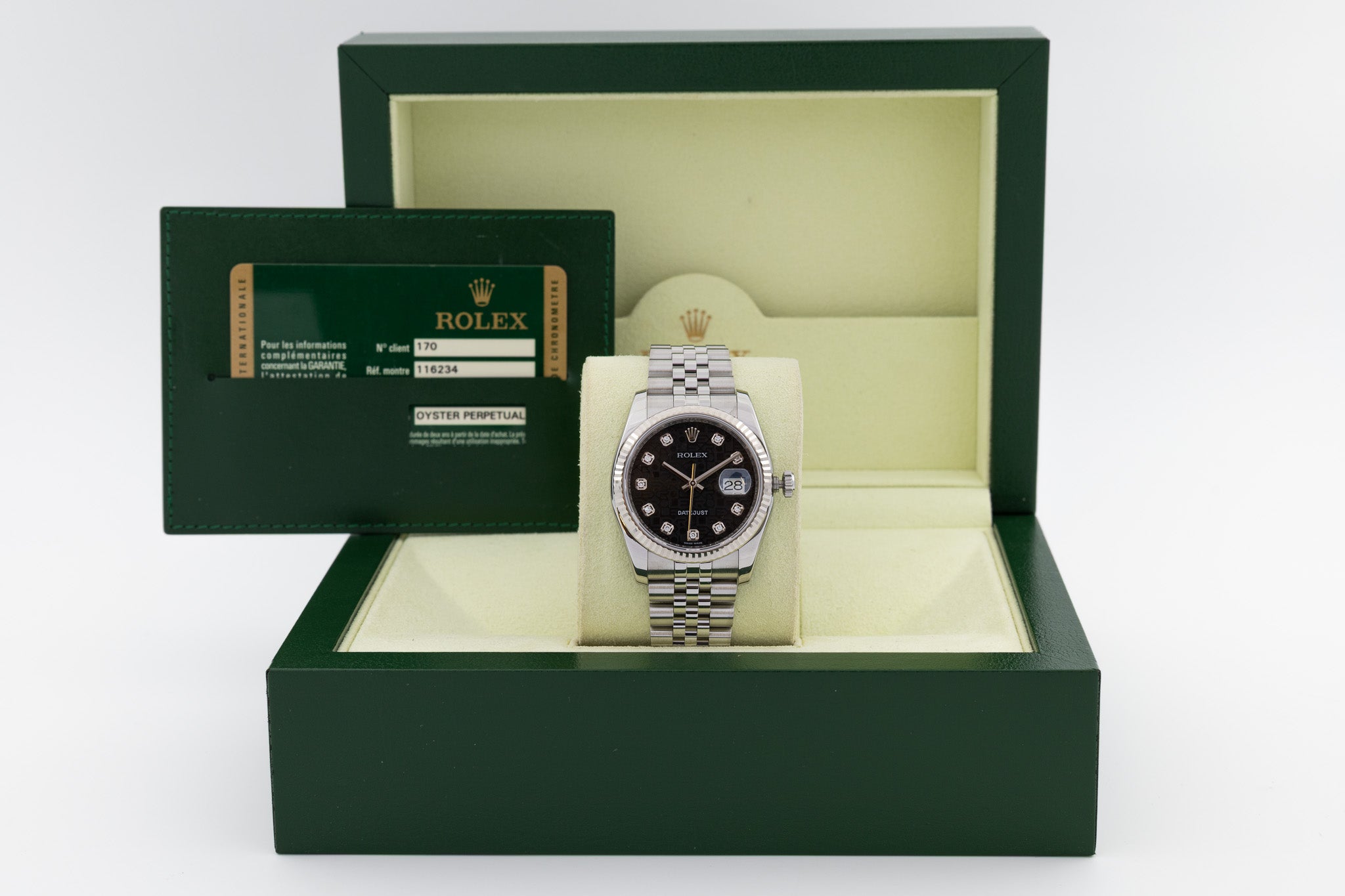 Rolex Datejust 116234 quadrante Anniversario Nero e diamanti del 2012