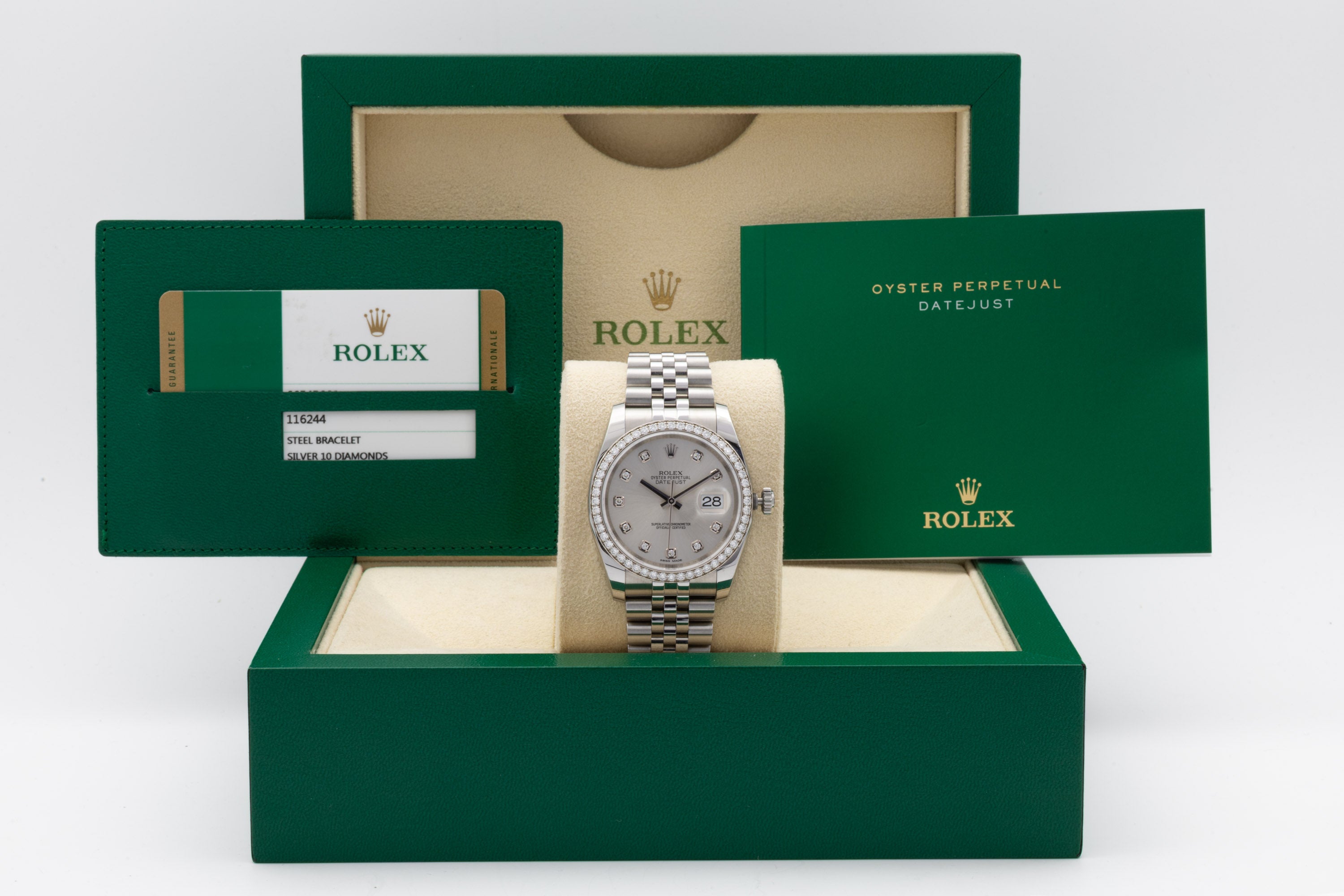 Rolex Datejust 116244 quadrante argento con ghiera e indici Diamanti del 2016 Italia