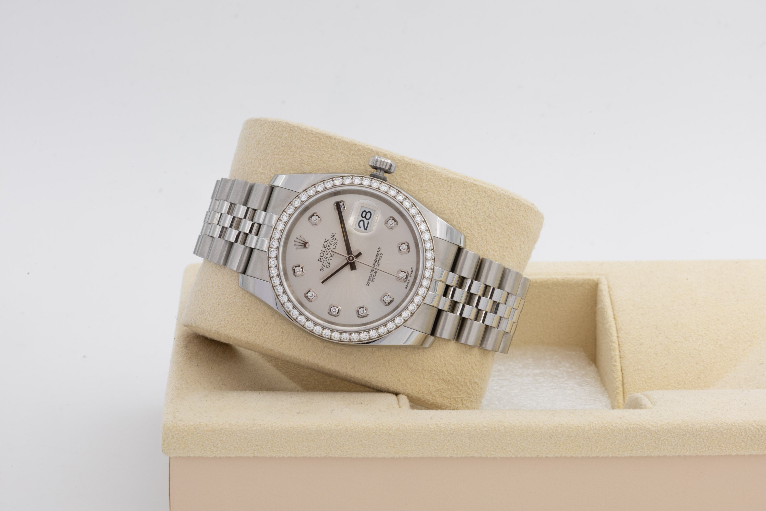 Rolex Datejust 116244 quadrante argento con ghiera e indici Diamanti del 2016 Italia