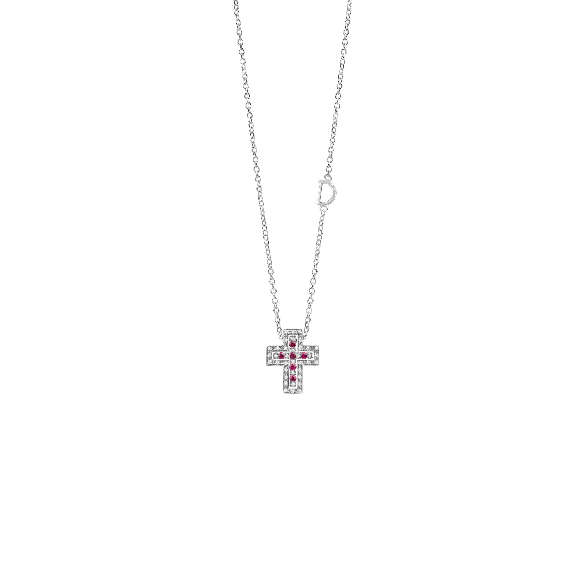 Collana croce oro bianco con diamanti e rubini Belle Epoque, Damiani