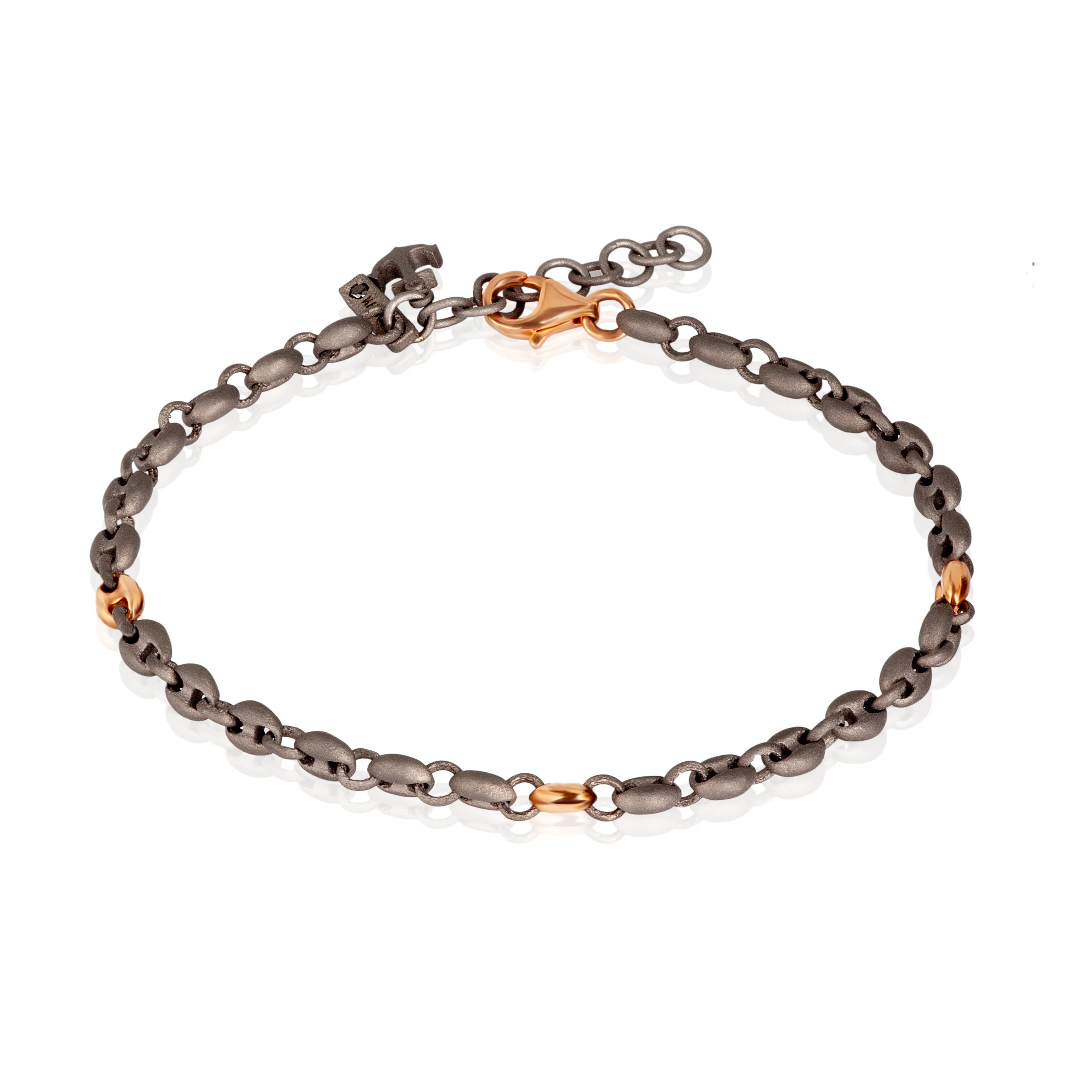 Bracciale uomo con maglie marine piccole in titanio e oro rosa 9 kt , Mano J