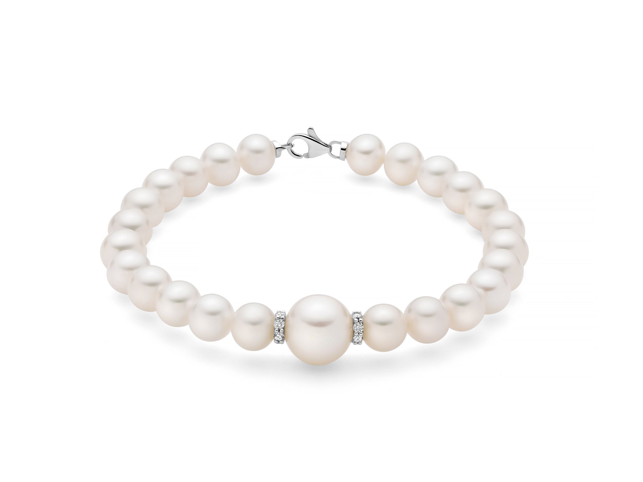 Bracciale di perle con dischi di diamanti e oro bianco, Miluna