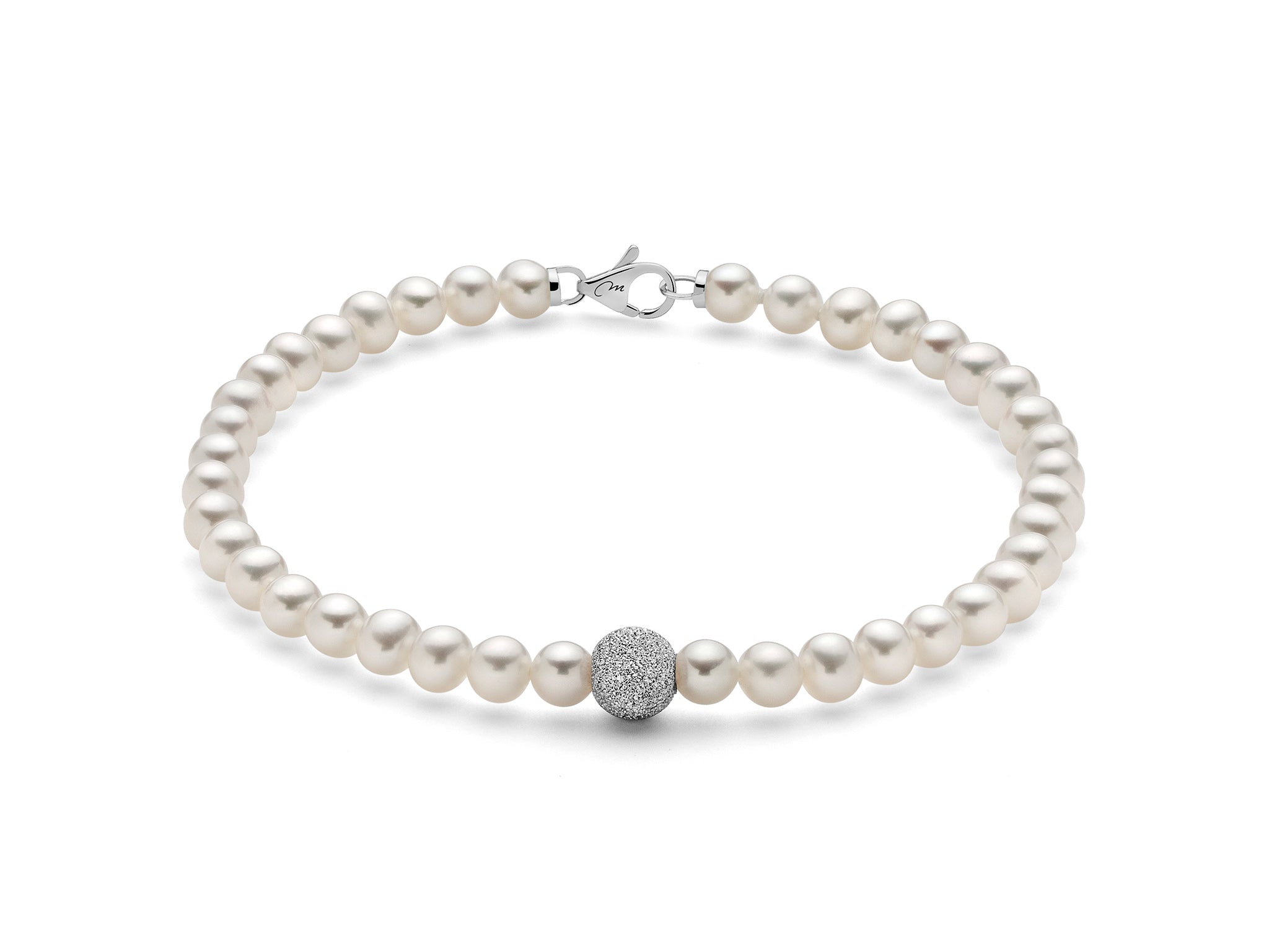 Perlenarmband Oriente mit mittlerer Kugel aus diamantiertem Weißgold, Miluna