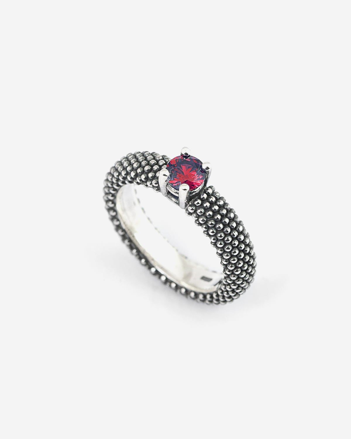 Silver dotted wedding band ring with red diamond, Nove25