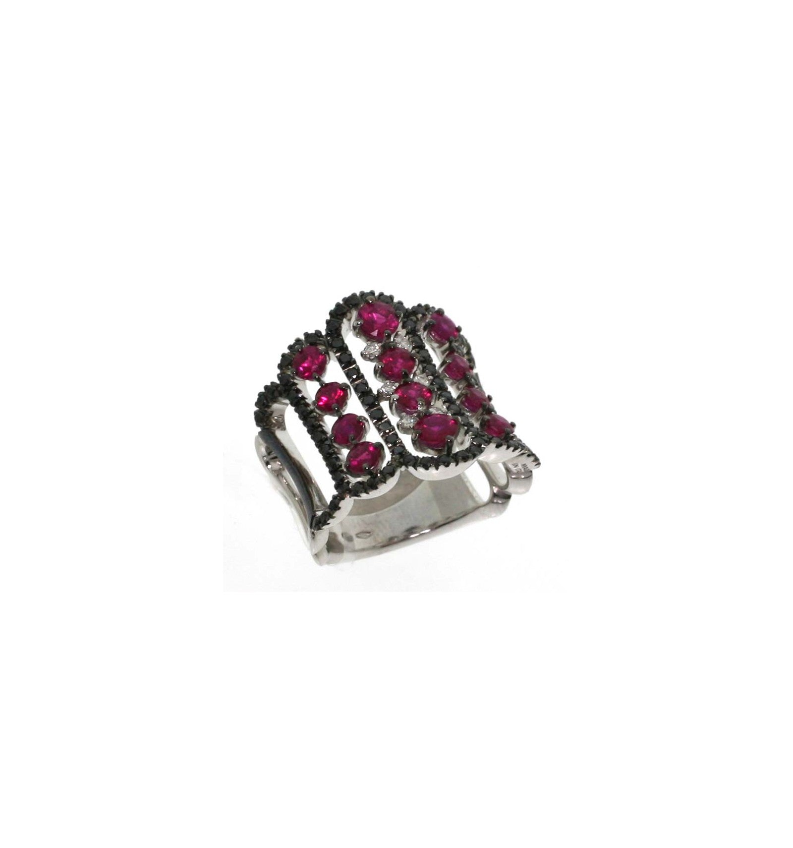 White gold ring with rubies, black and white diamonds Burlesque, Damiani