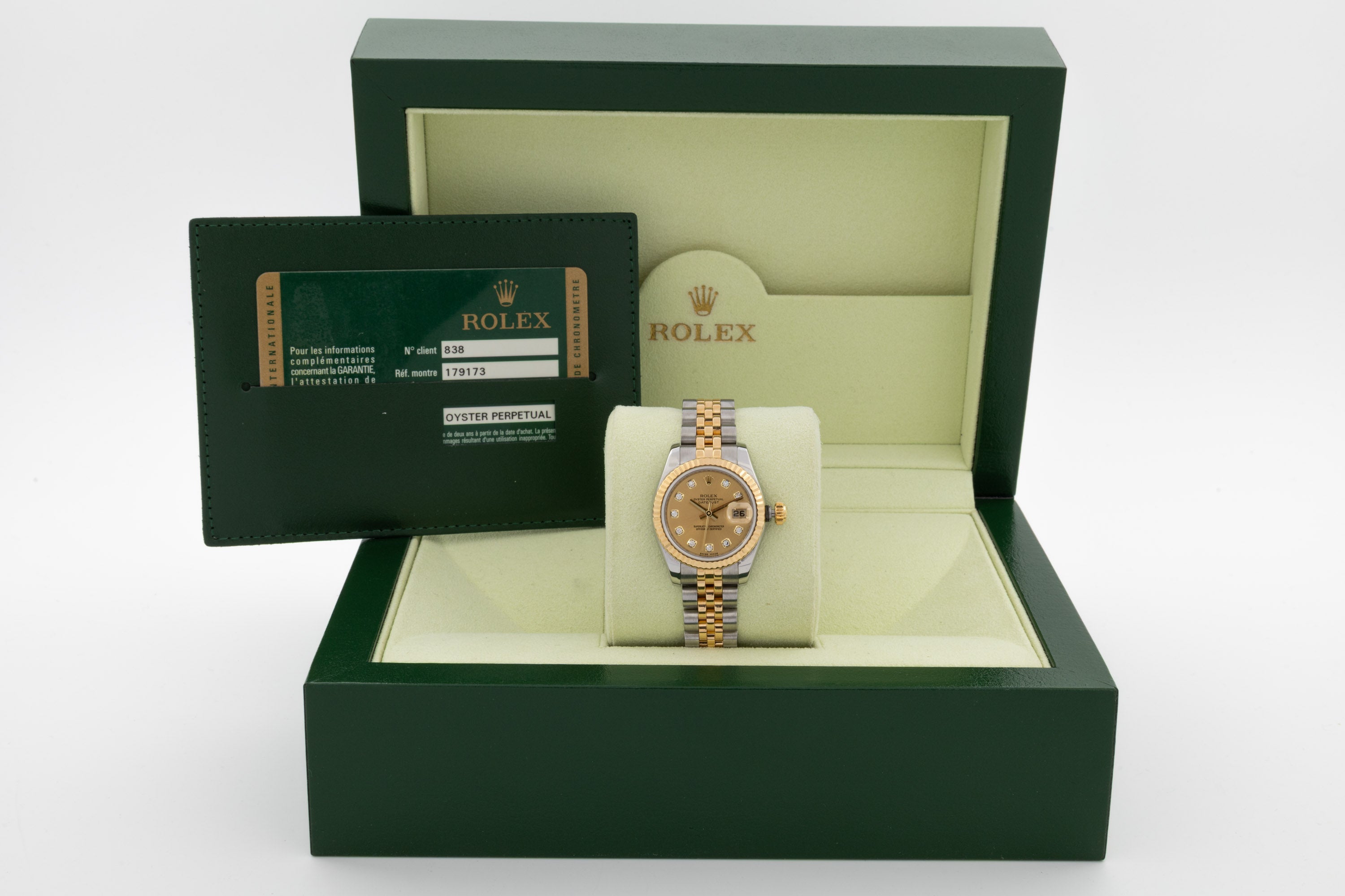 Rolex Lady Datejust 179173 G quadrante champagne e diamanti del 2008