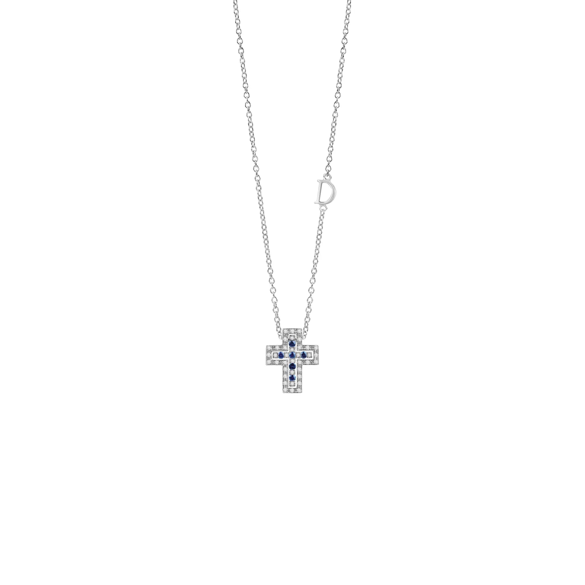 White gold cross necklace with diamonds and sapphires Belle Epoque, Damiani