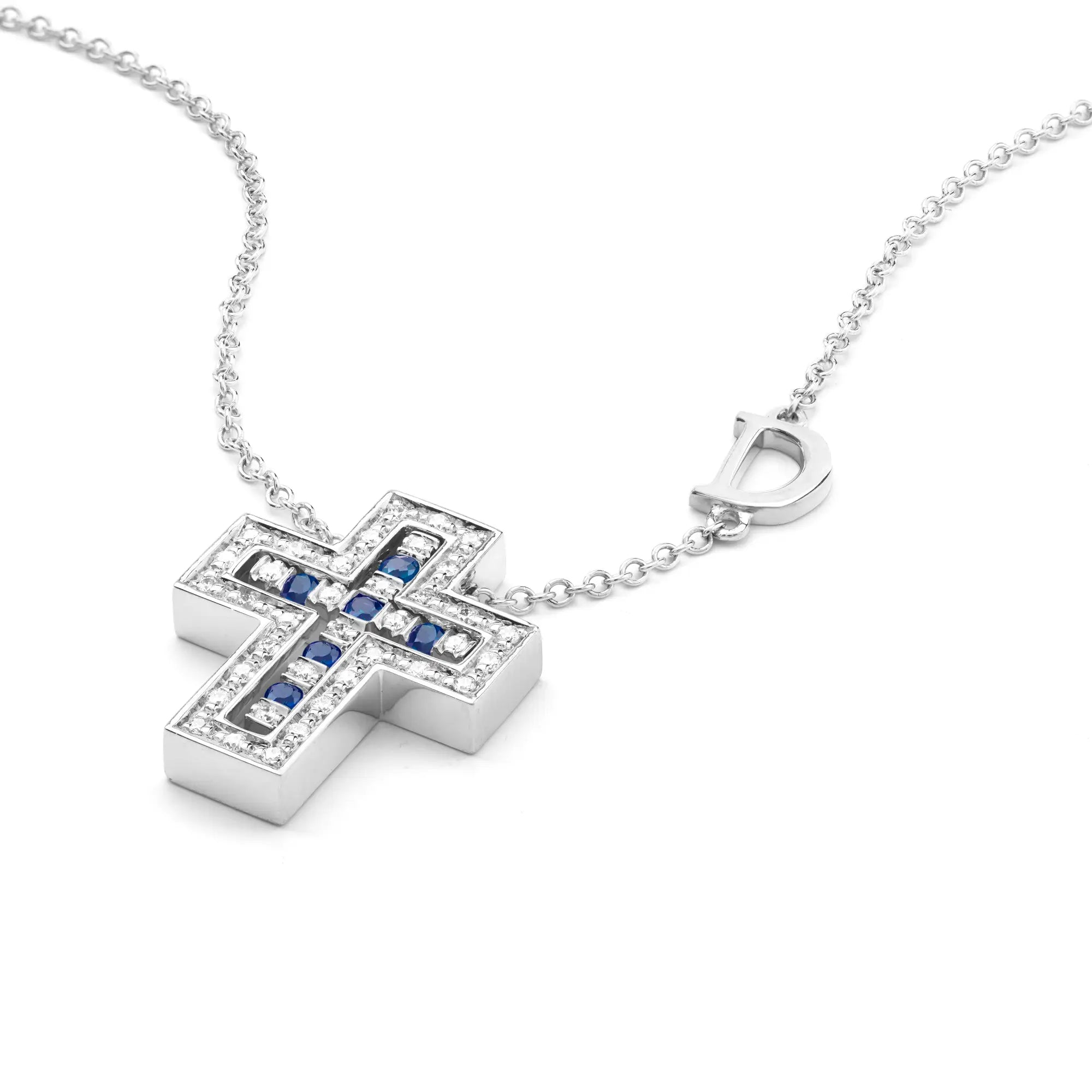 White gold cross necklace with diamonds and sapphires Belle Epoque, Damiani