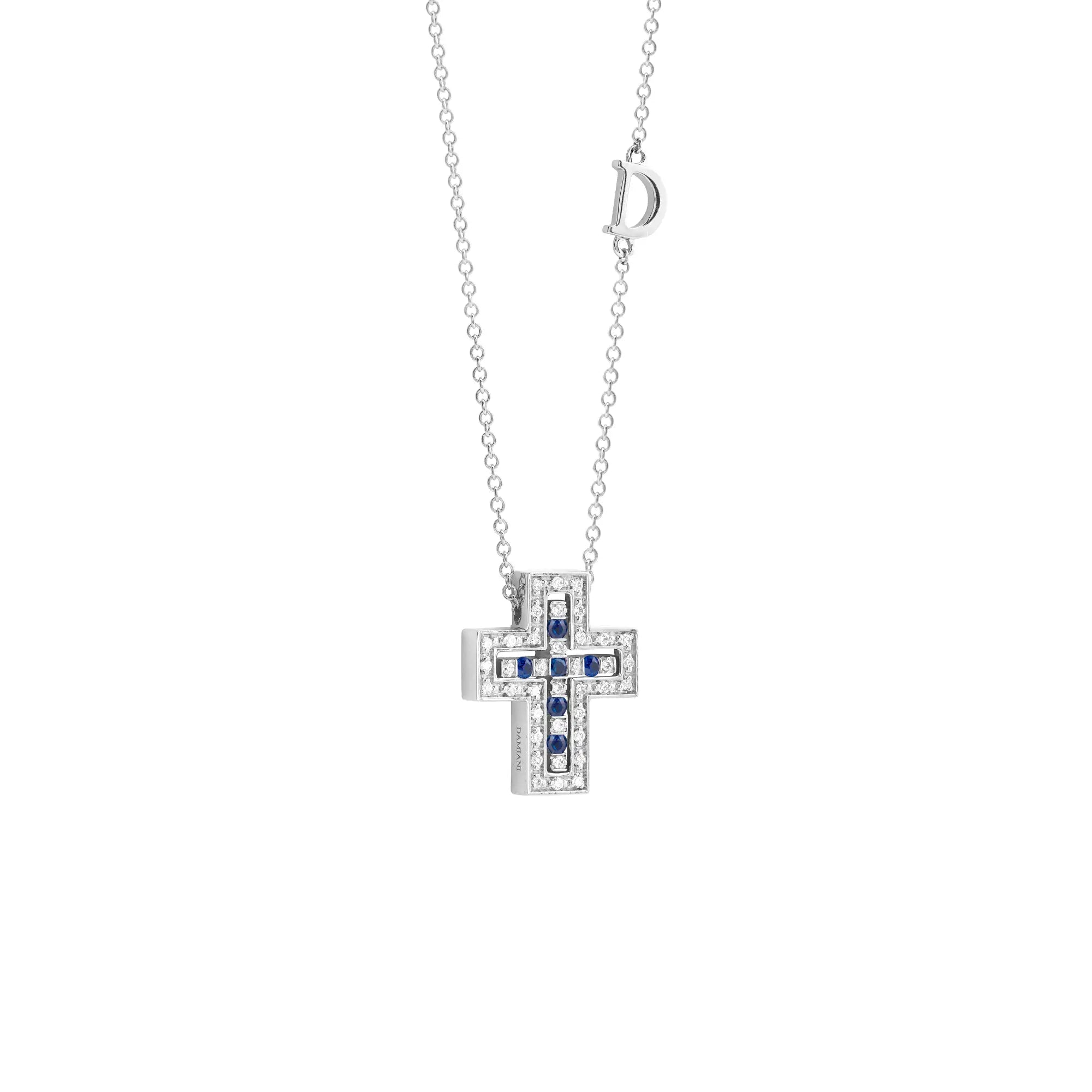 White gold cross necklace with diamonds and sapphires Belle Epoque, Damiani