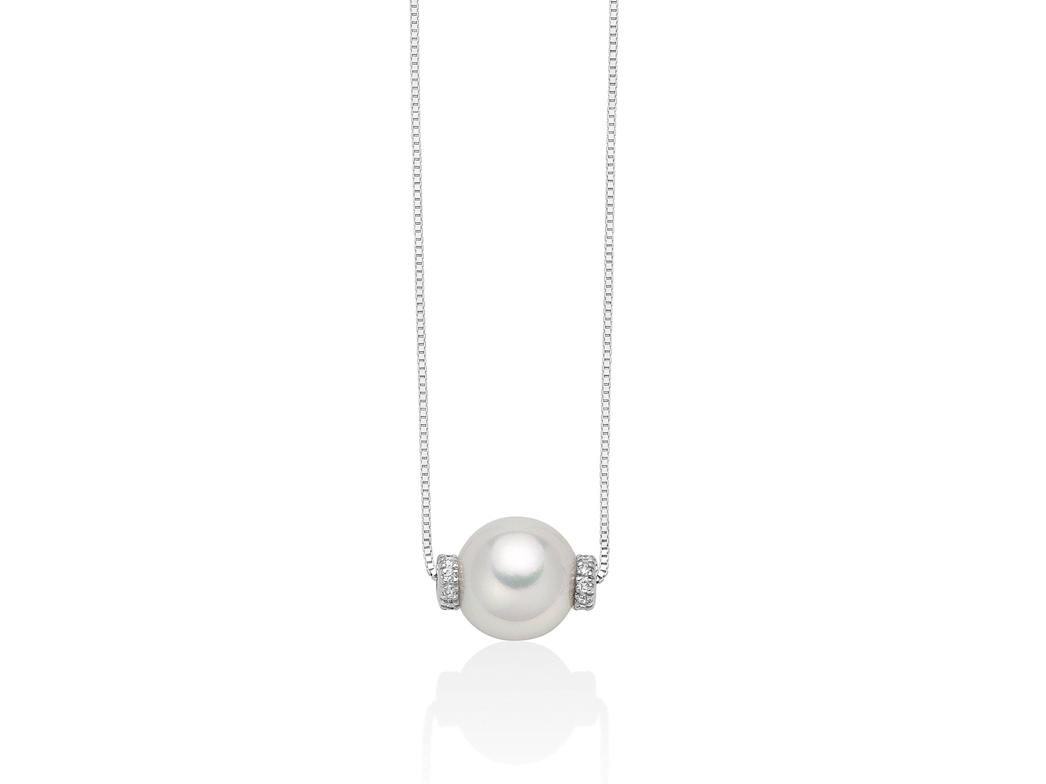 Collana con perla Akoya passante in oro bianco e diamanti, Miluna