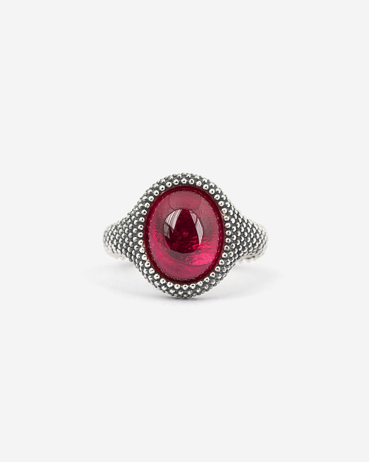 Bague en argent, chevalier ovale pointillé avec pierre rouge, Nove25