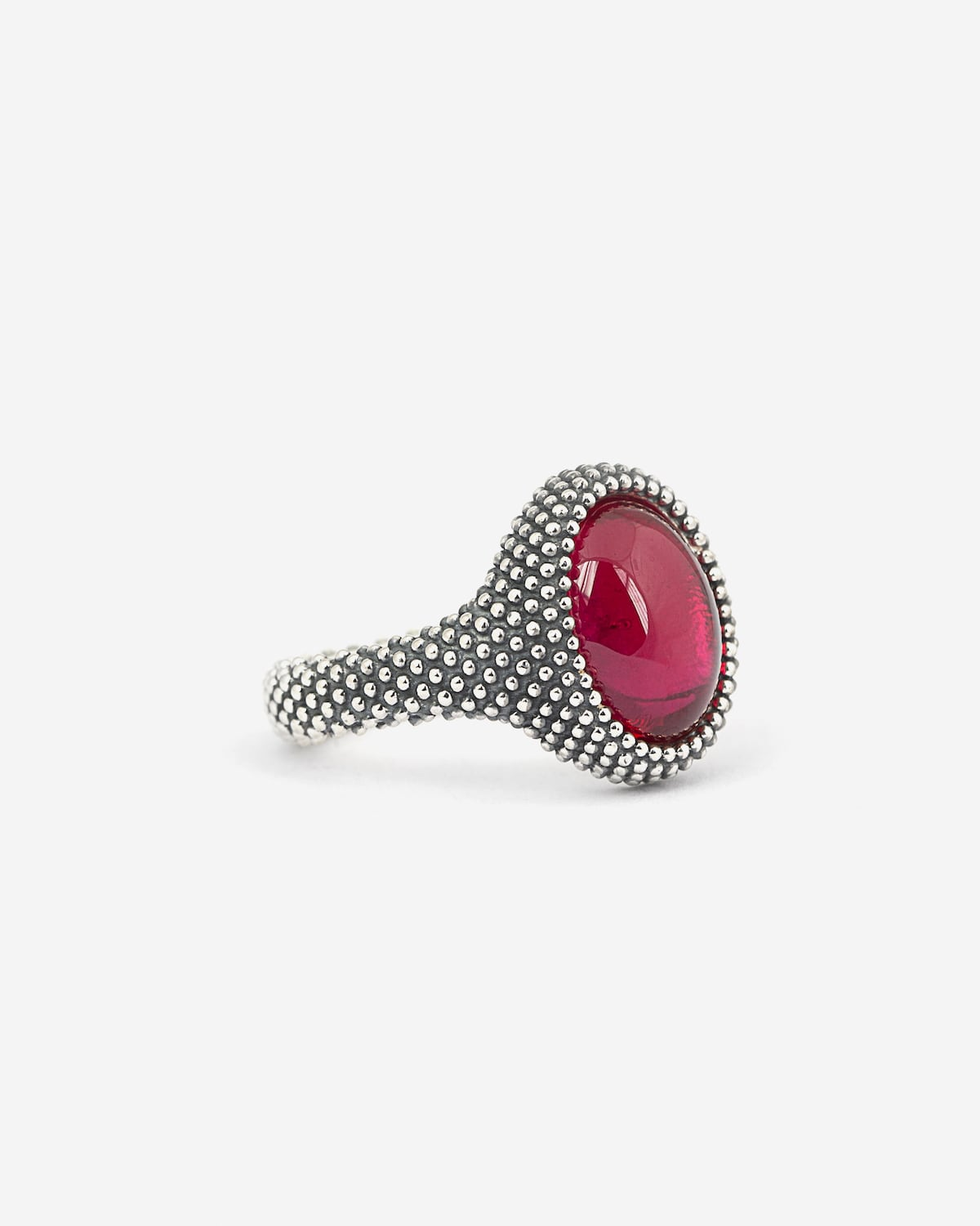 Bague en argent, chevalier ovale pointillé avec pierre rouge, Nove25