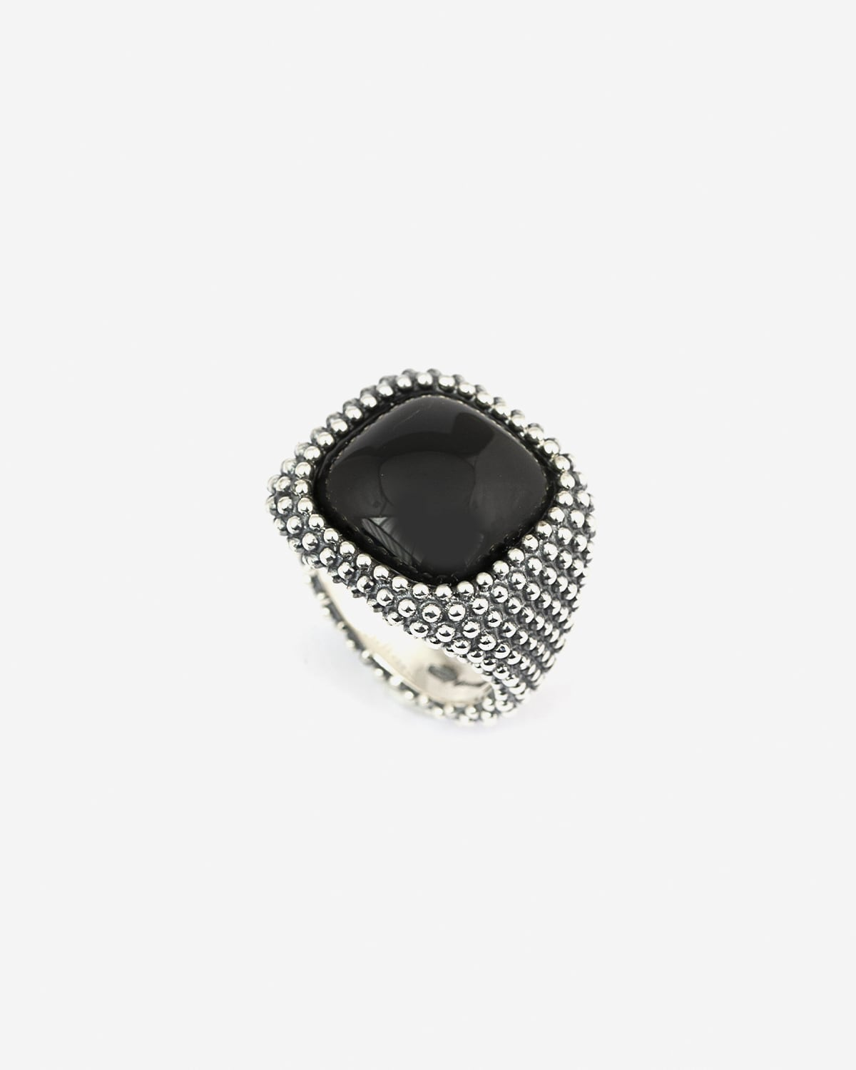 Anello in argento, chevalier quadrato puntinato con pietra nera,Nove25