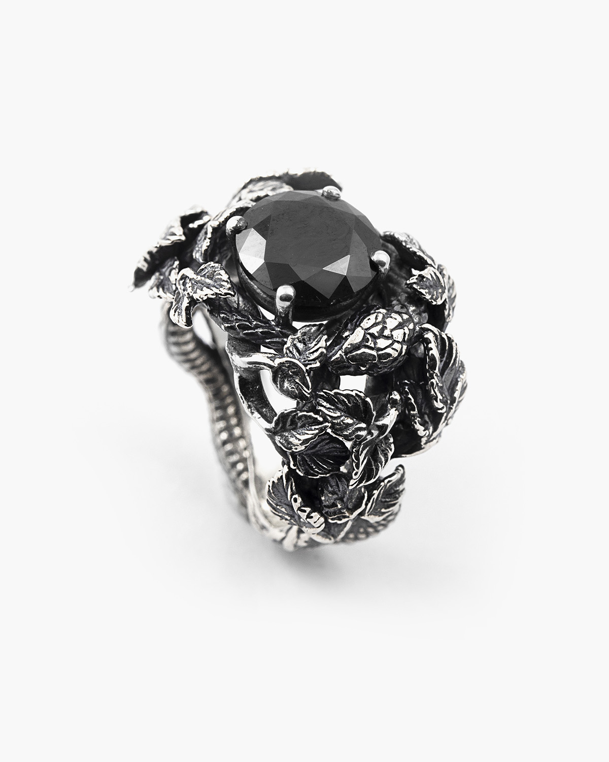 Anello in argento, eden con serpenti e zirconia cubica nera ,Nove25